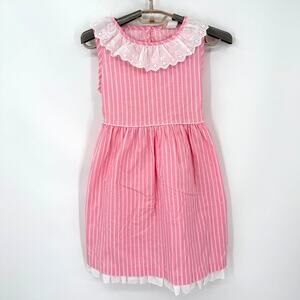 Marshall Fields Vintage Girls Pink Stripe Dress Eyelet Lace Ruffles Size 12 80's